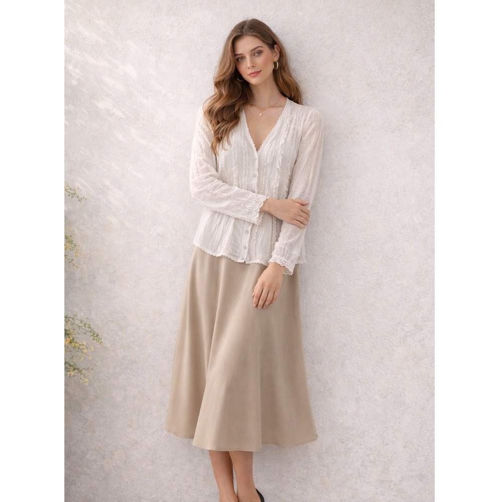 Le Caviar White Lace Romantic Sheer Trim V-Neck Button Up Blouse‎ Shirt Top L